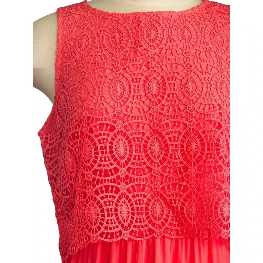 Ann Taylor Loft Wm 10 Coral Pink Circle Lace Bodice Sleeveless Midi Dress New